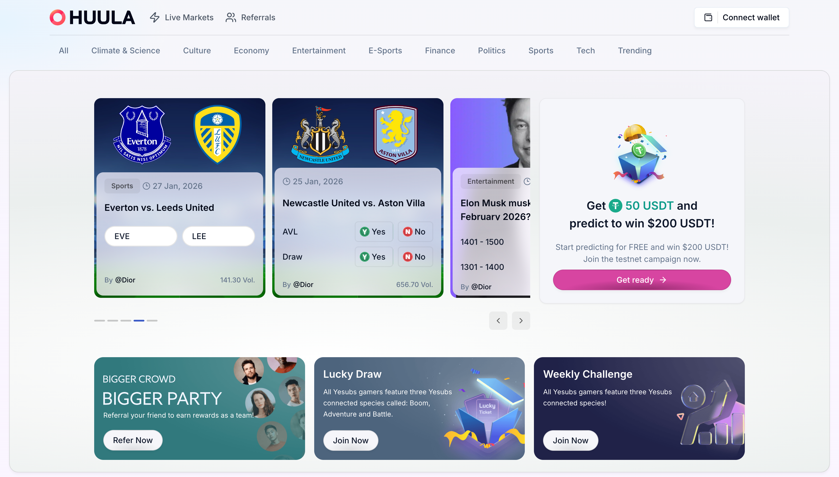 Huula homepage with live prediction market cards.